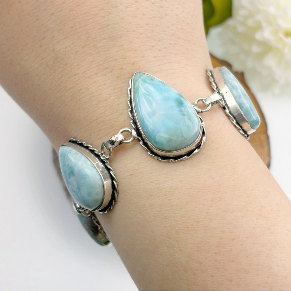 Blue Larimar Chunky Gemstone Bracelet Oval Pear New 925 Overlay - Picture 2 of 8